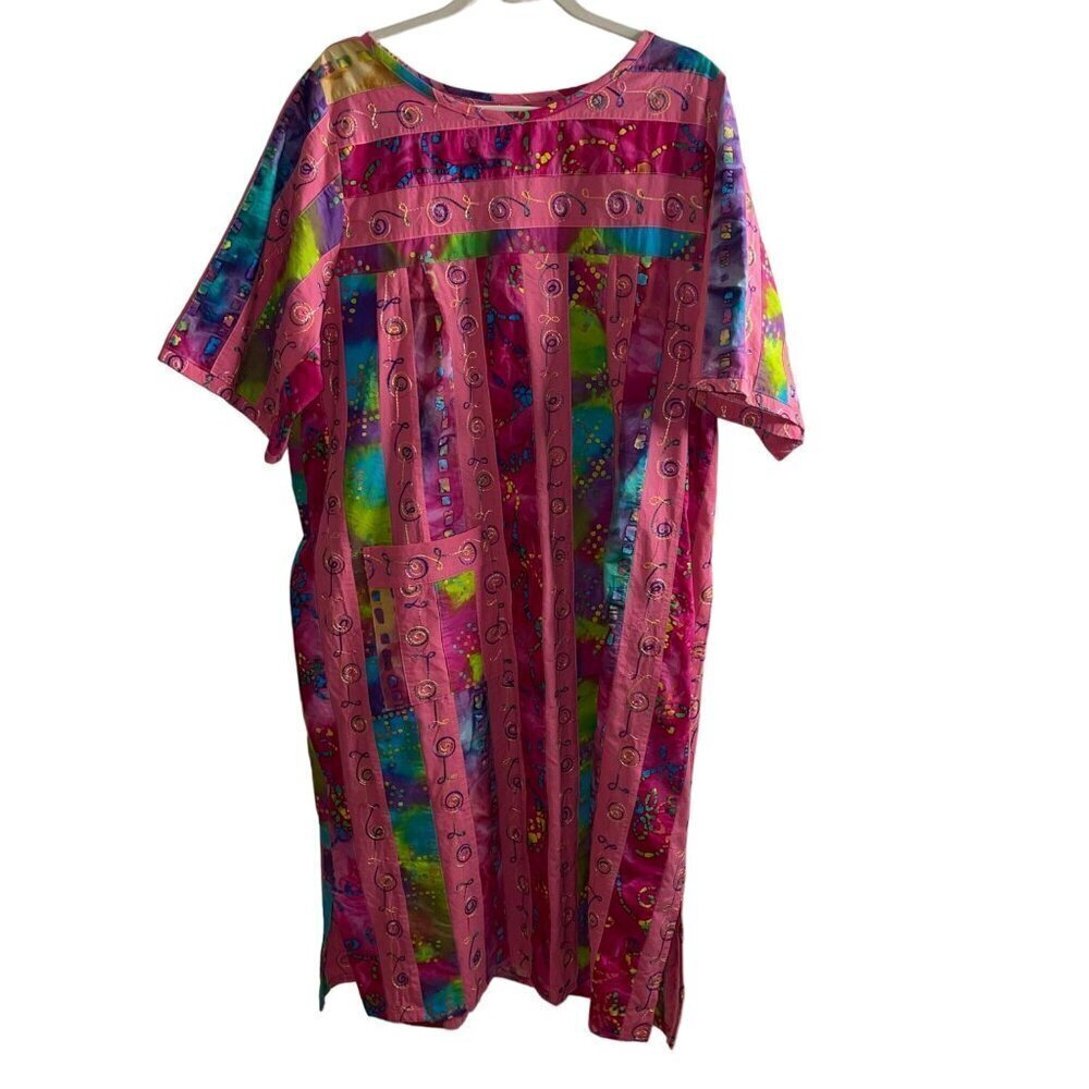 Vintage Womens Dress Size Large Pink Tie Dye Embroidered Patchwork Midi